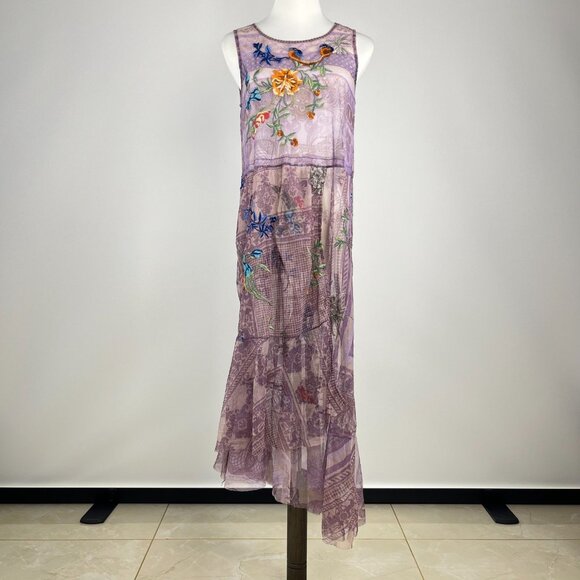 $398 NWOT JOHNNY WAS SILVANA Embroidered Floral MESH MIDI DRESS Size S Purple - Picture 2 of 15